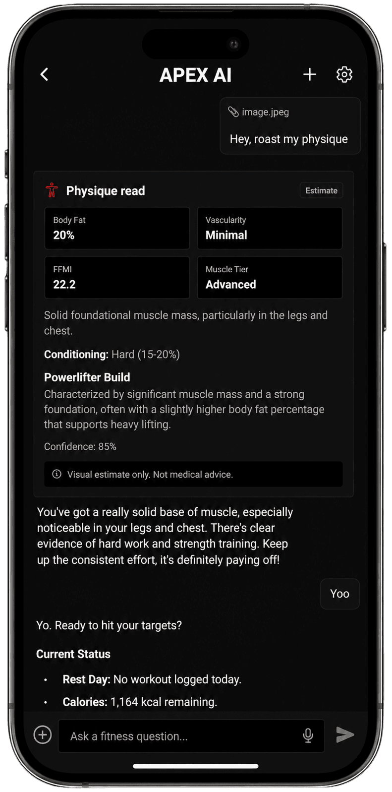 APEX body analysis with body fat, FFMI, and symmetry estimates