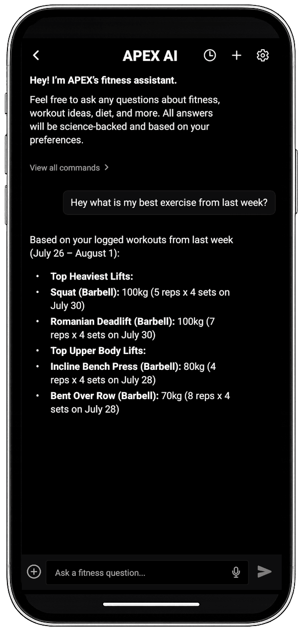 APEX coach chat answering with the user's recovery state and tonight's workout in mind