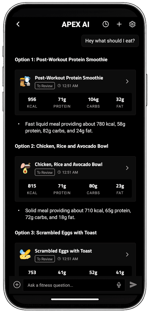 APEX chat suggesting a meal that fits the day's remaining macros