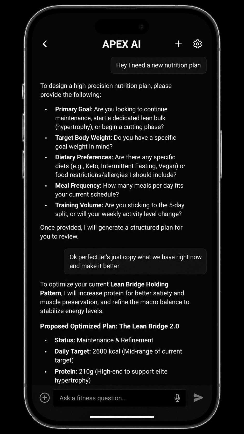 APEX chat generating a training and nutrition plan ready to save