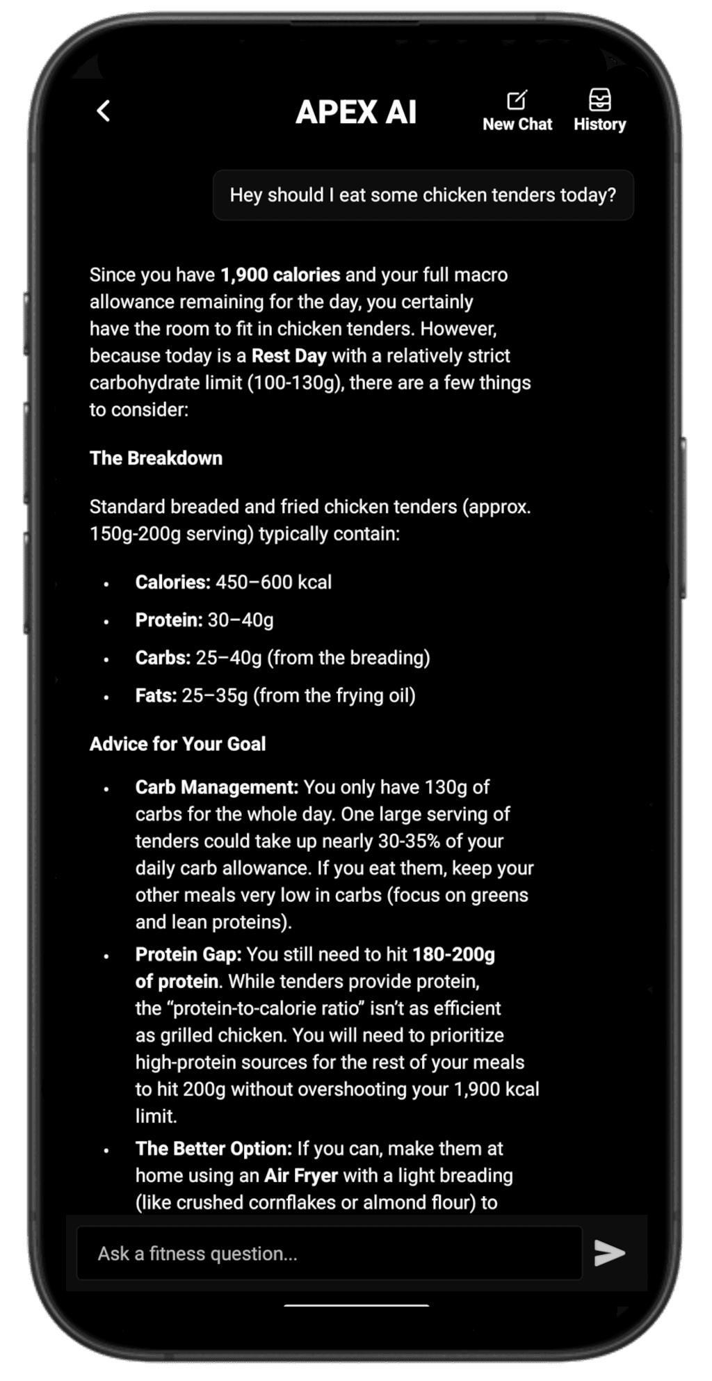 APEX AI chat answering a personalized nutrition question