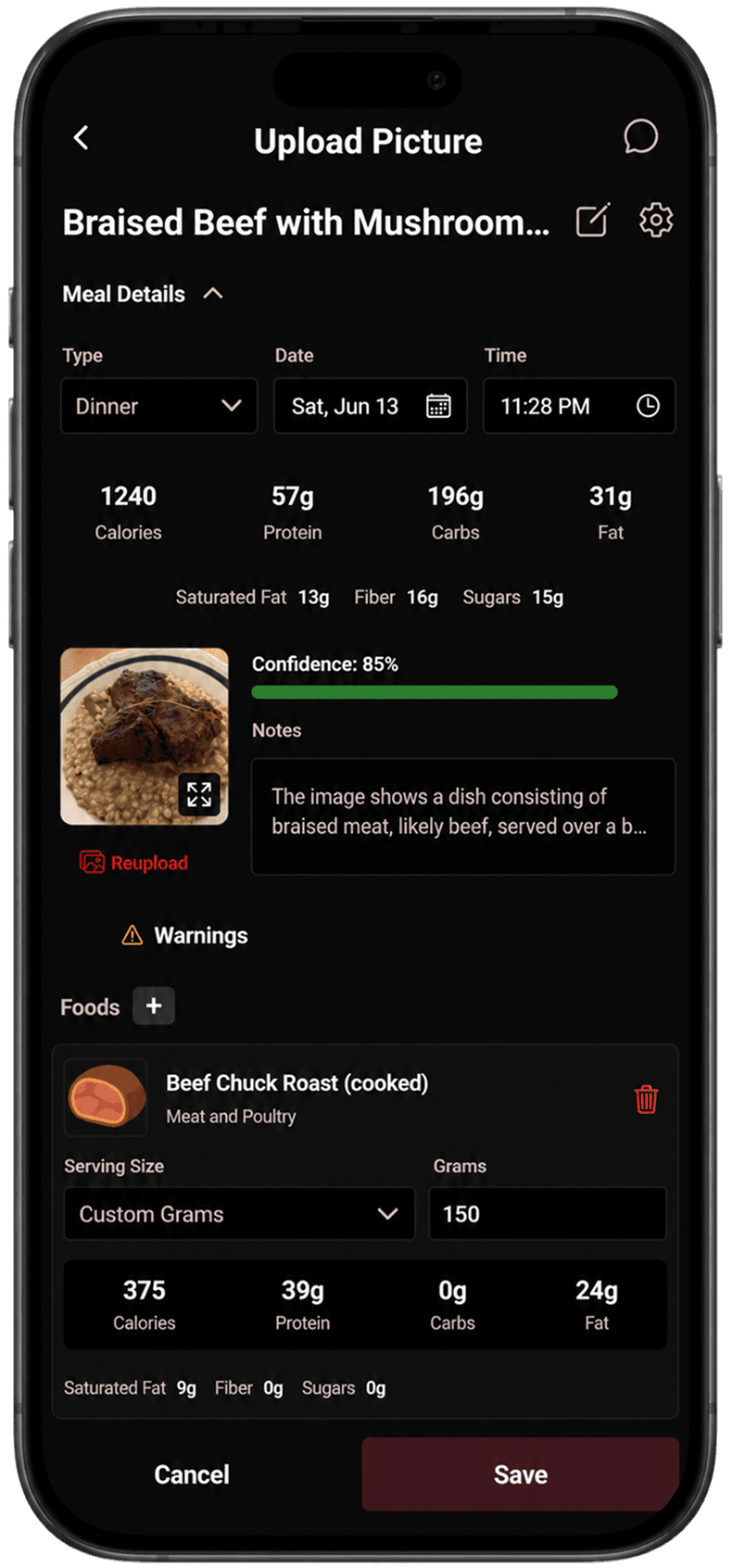 APEX detecting a meal from a photo with macros and confidence score