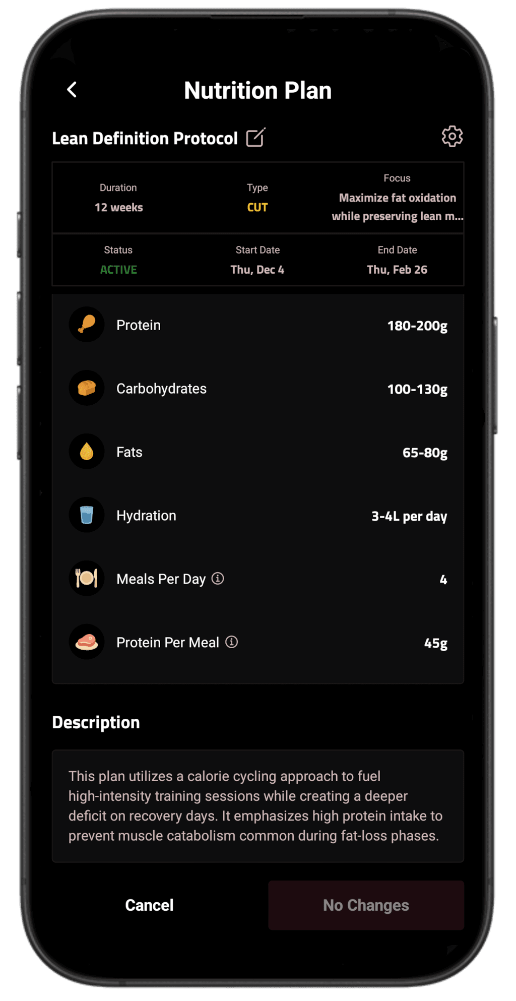 AI-generated nutrition plan with daily macro targets