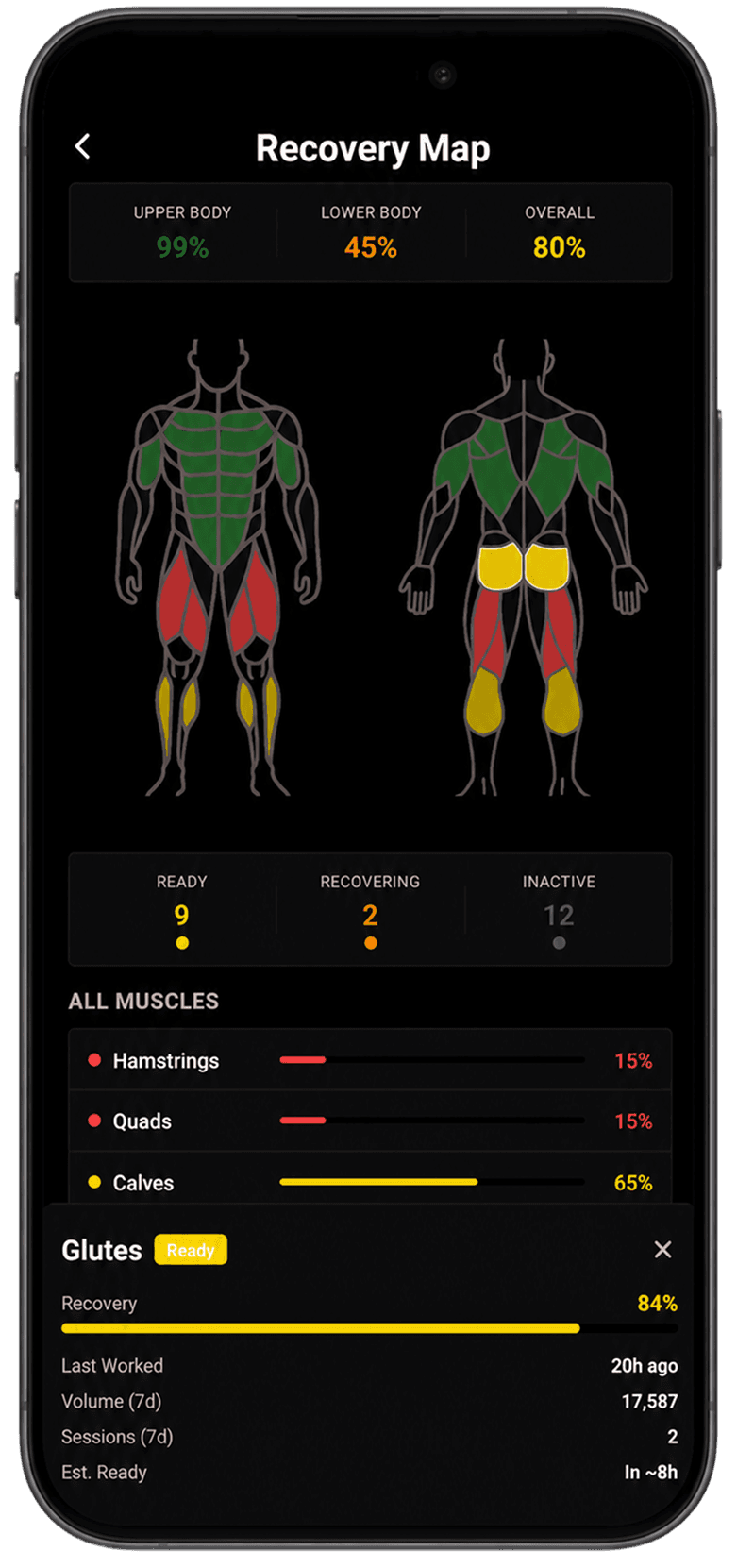 APEX recovery map with color-coded muscle recovery status
