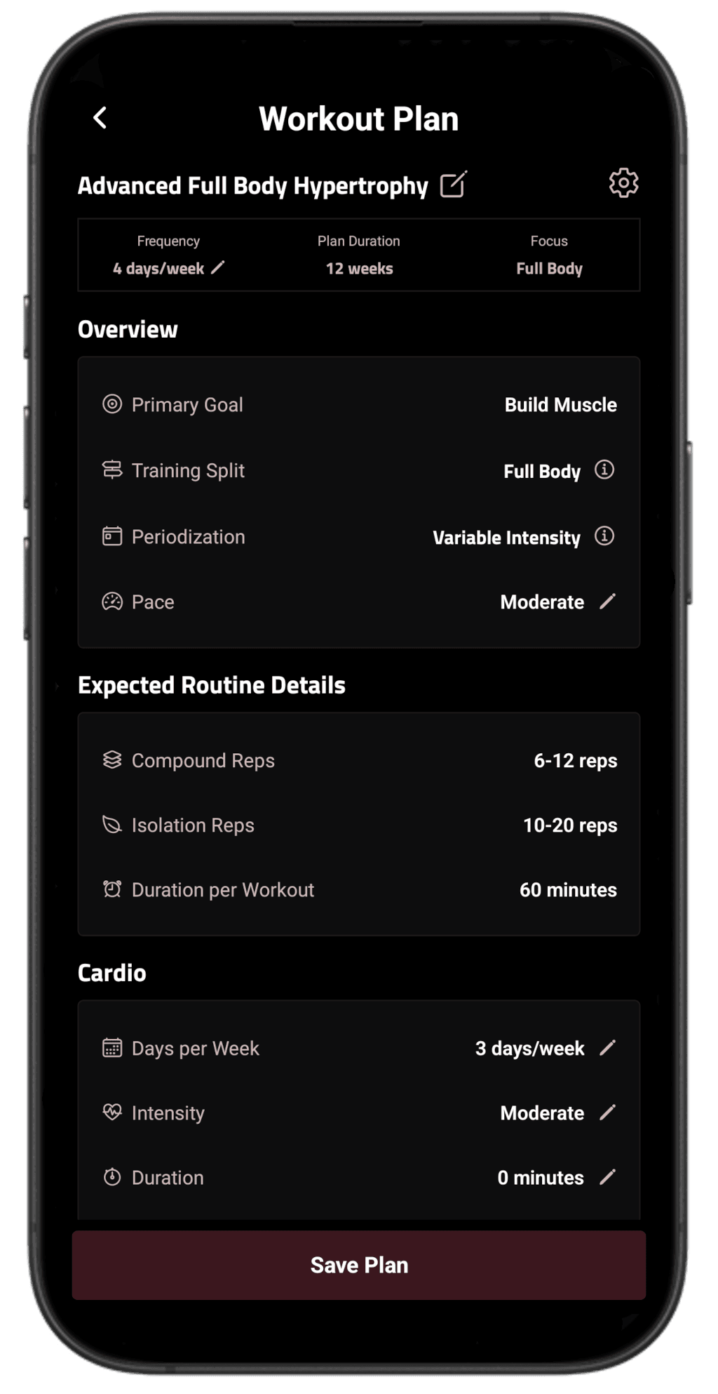 AI-generated workout plan with exercises, sets, and rep ranges