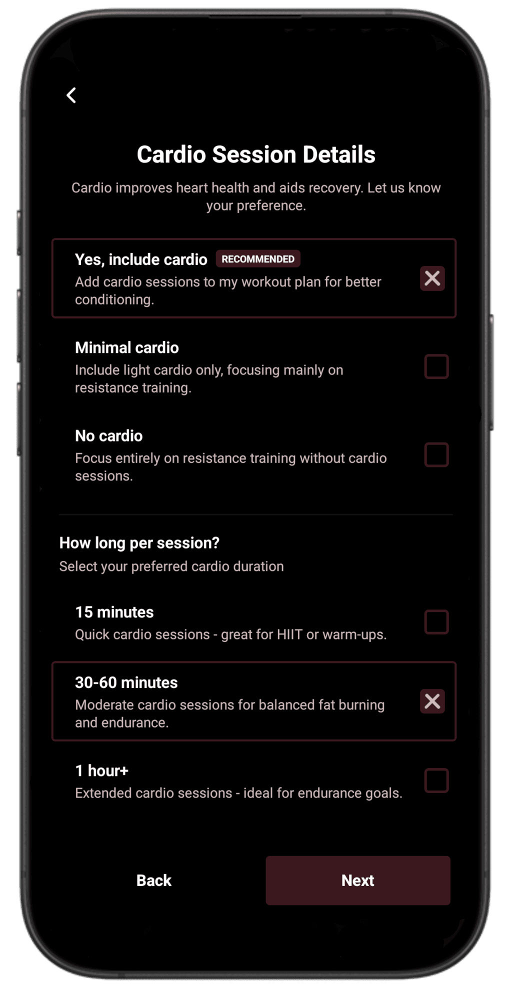 Set Your Time & Cardio Preference