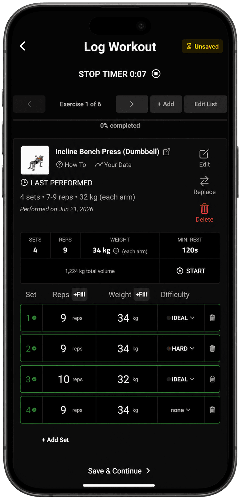 APEX live workout logging screen